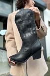 Mida Shoes Cowboy Siyah Deri Topuklu Kadın Çizme