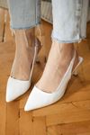 Mida Shoes Y411 Beyaz Deri Önü Kapalı Kadın Topuklu Ayakkabı