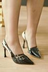 Mida Shoes Linda Siyah Rugan Üç Tokalı Kadın Topuklu Ayakkabı