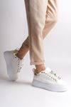 Mida Shoes RDSBrianna Beyaz Deri Bağcıklı Ortopedik Taban Renkli Taş Dekorlu Kadın Spor Ayakkabı