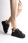 Mida Shoes RDSBrianna Siyah Deri Bağcıklı Ortopedik Taban Renkli Taş Dekorlu Kadın Spor Ayakkabı