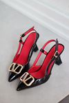 Mida Shoes Y3033 Siyah Deri Gold Tokalı Kadın Topuklu Ayakkabı
