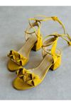 Mida Shoes Y501 Hardal Süet Çiçekli Topuklu Ayakkabı