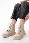 Mida Shoes 812-2121 Bej Deri Bağcıklı Kadın Bot