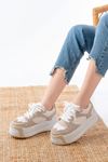 Mida Shoes SP-190 Bej Garni Bağcıklı Fileli Yüksek Taban Günlük Spor Ayakkabı