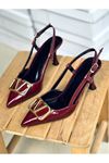 Mida Shoes Y3033 Bordo Rugan Gold Tokalı Kadın Topuklu Ayakkabı