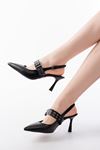 Mida Shoes İNF-260 Siyah Günlük Arkası Açık Baret Tokalı Topuklu Bayan Ayakkabı