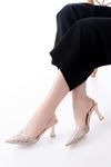 Mida Shoes V-1005 Bej Günlük Arkası Açık Taşlı Topuklu Bayan Ayakkabı
