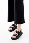 Mida Shoes 24413-572 Siyah Günlük Dolgu Topuk Toka Aksesuarlı Kadın Sandalet